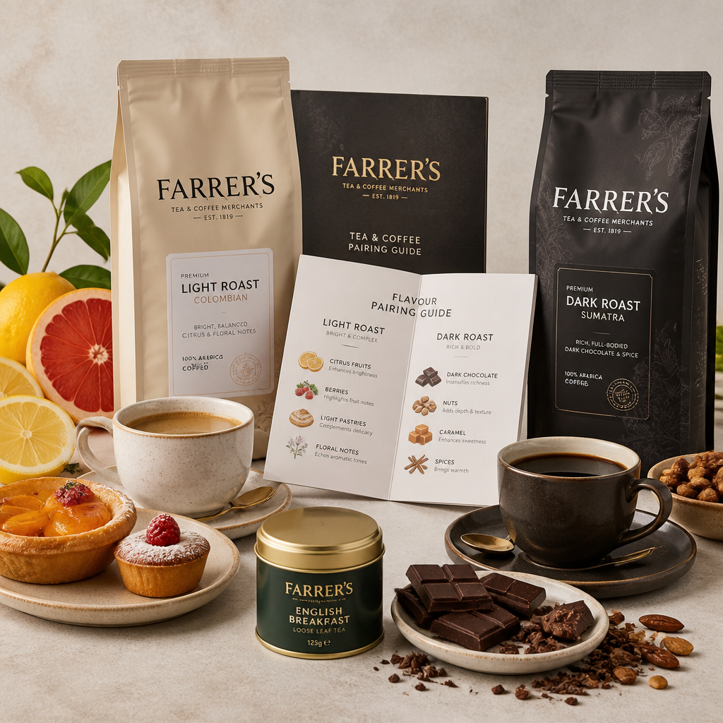 Farrer's coffee and tea products displayed with complementary foods showing pairing examples