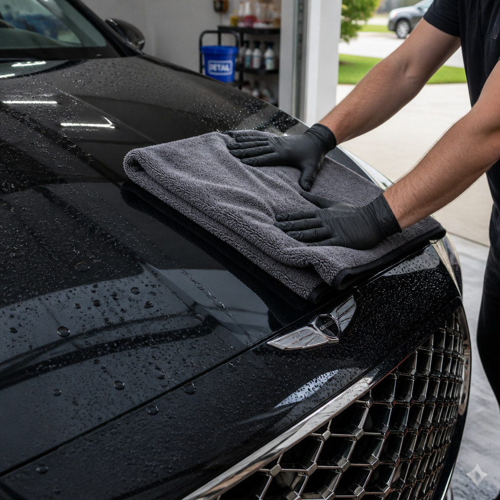 Luxury sedan being dried with microfiber towels using proper blotting technique to prevent water spots