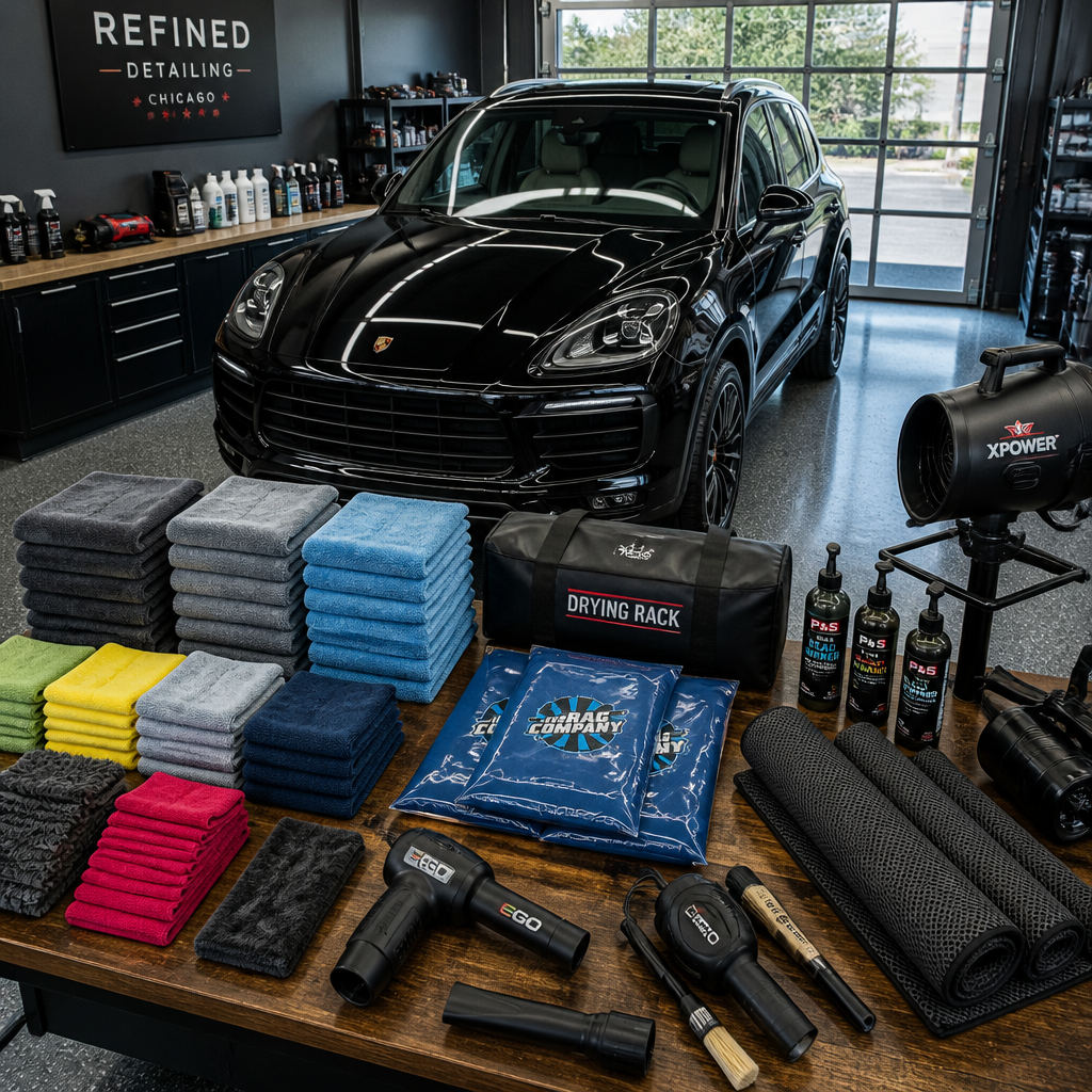 Professional automotive detailing workspace with organized microfiber drying towels and premium tools