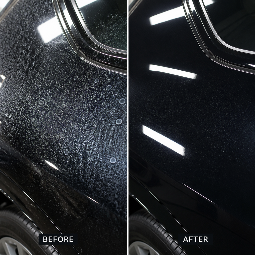 Comparison of water spots from improper drying versus spot-free paint from correct microfiber drying technique