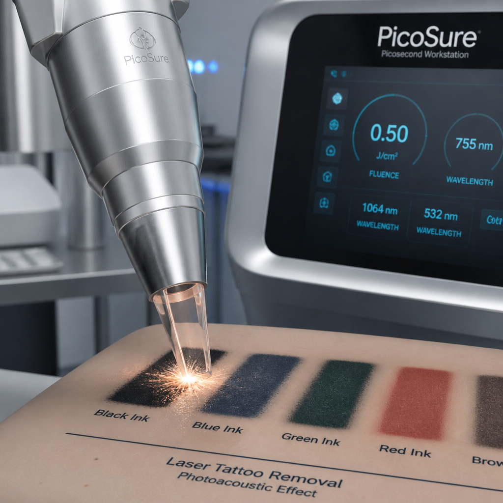 Professional laser tattoo removal device emitting focused light beam in clinical setting