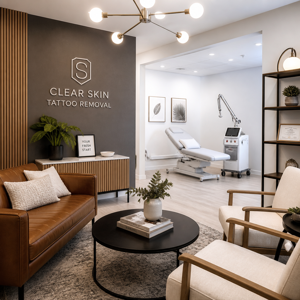 Modern professional laser tattoo removal clinic interior with welcoming consultation space