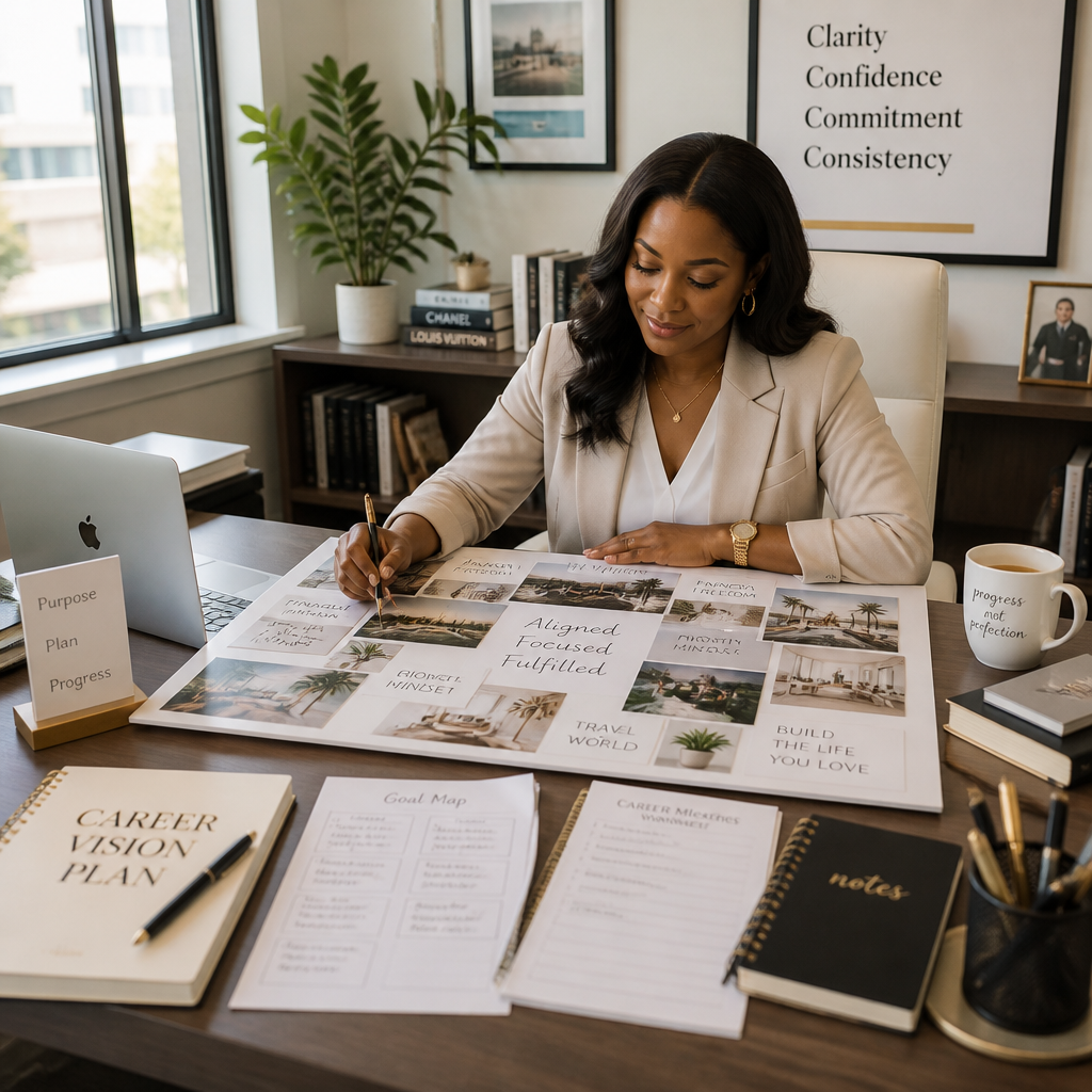Career vision board and planning materials on a professional workspace desk