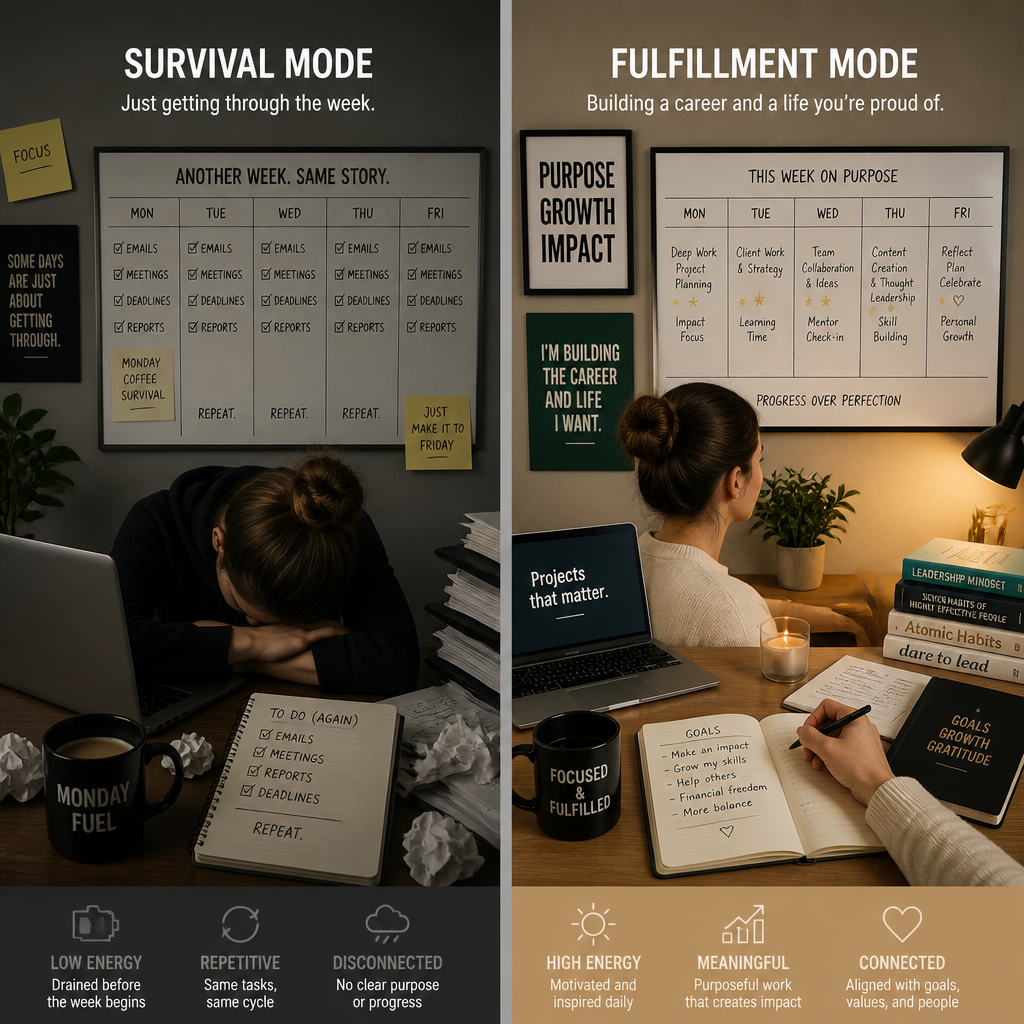 Before and after visualization of career transformation from survival mode to purposeful work