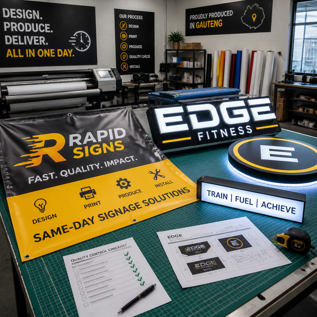 Completed custom signage products in a professional manufacturing workspace ready for rapid installation