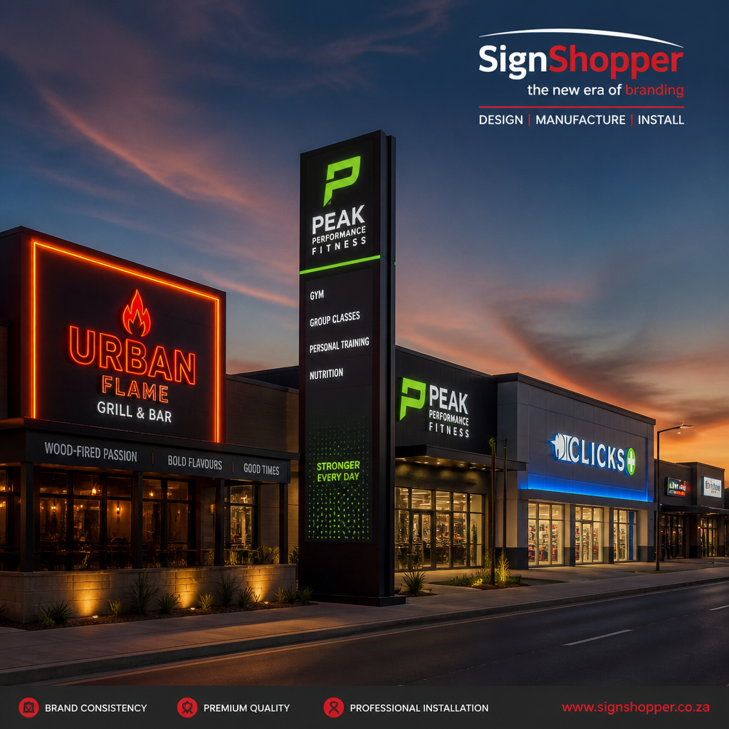 Diverse range of professional business signage installations across different commercial establishments in Gauteng