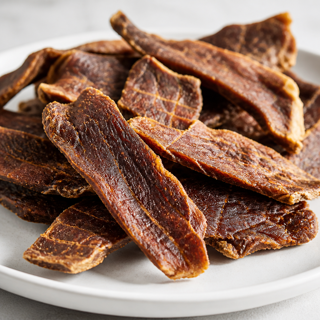 Premium air-dried beef dog treat chips displayed on a ceramic plate, showing natural meat texture
