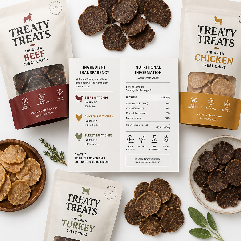 Variety of single-ingredient pet treat chips with product label emphasizing nutritional transparency