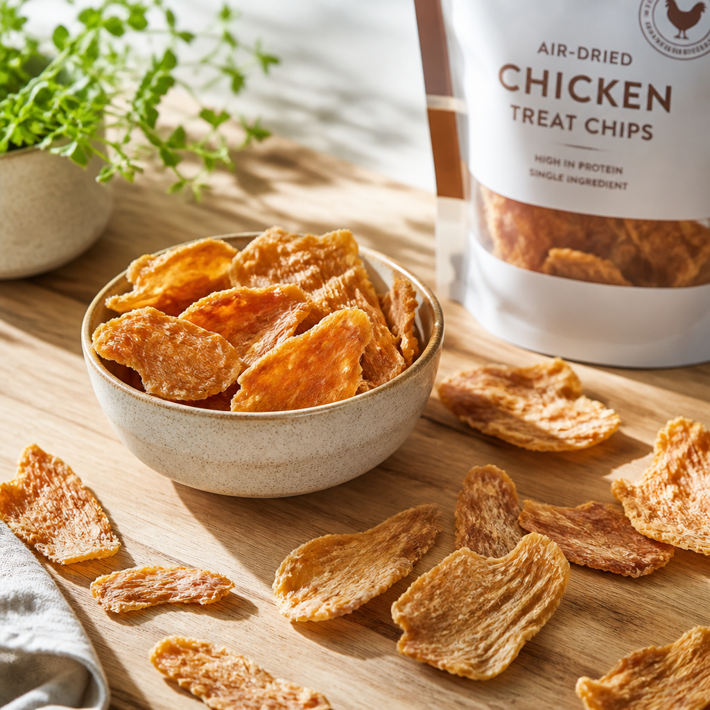 Scattered air-dried chicken treat chips on wooden surface, highlighting natural crunchy texture and premium quality