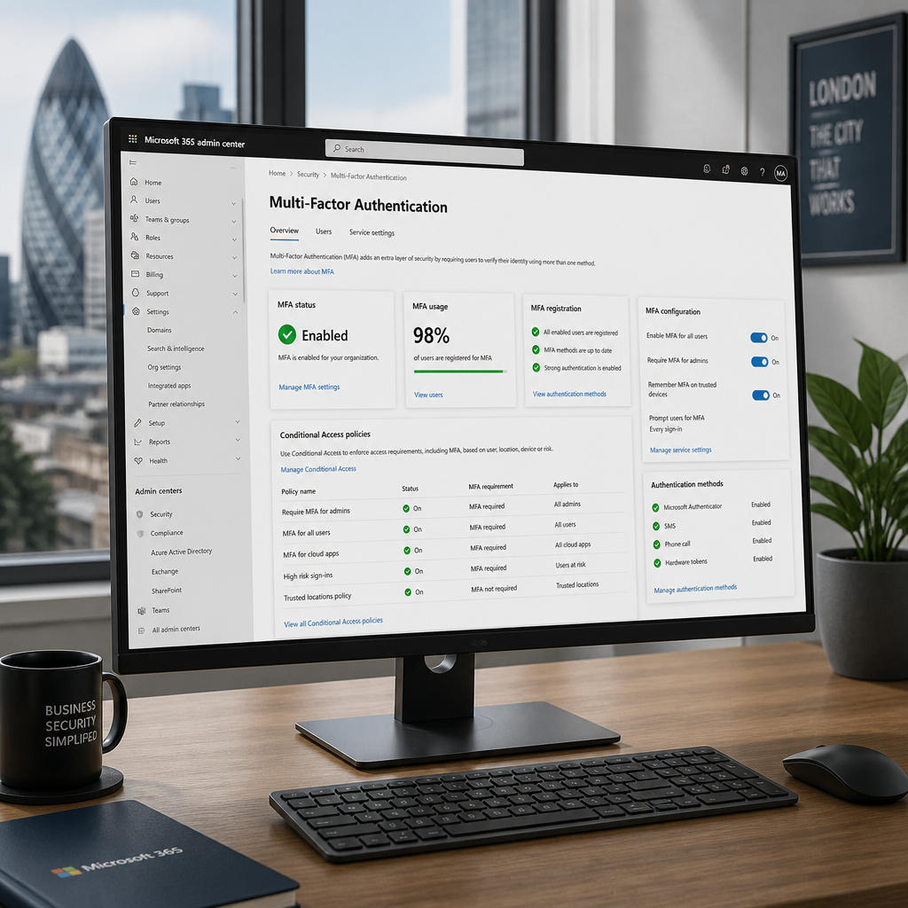 Microsoft 365 security dashboard with MFA and Conditional Access settings on computer monitor in professional office