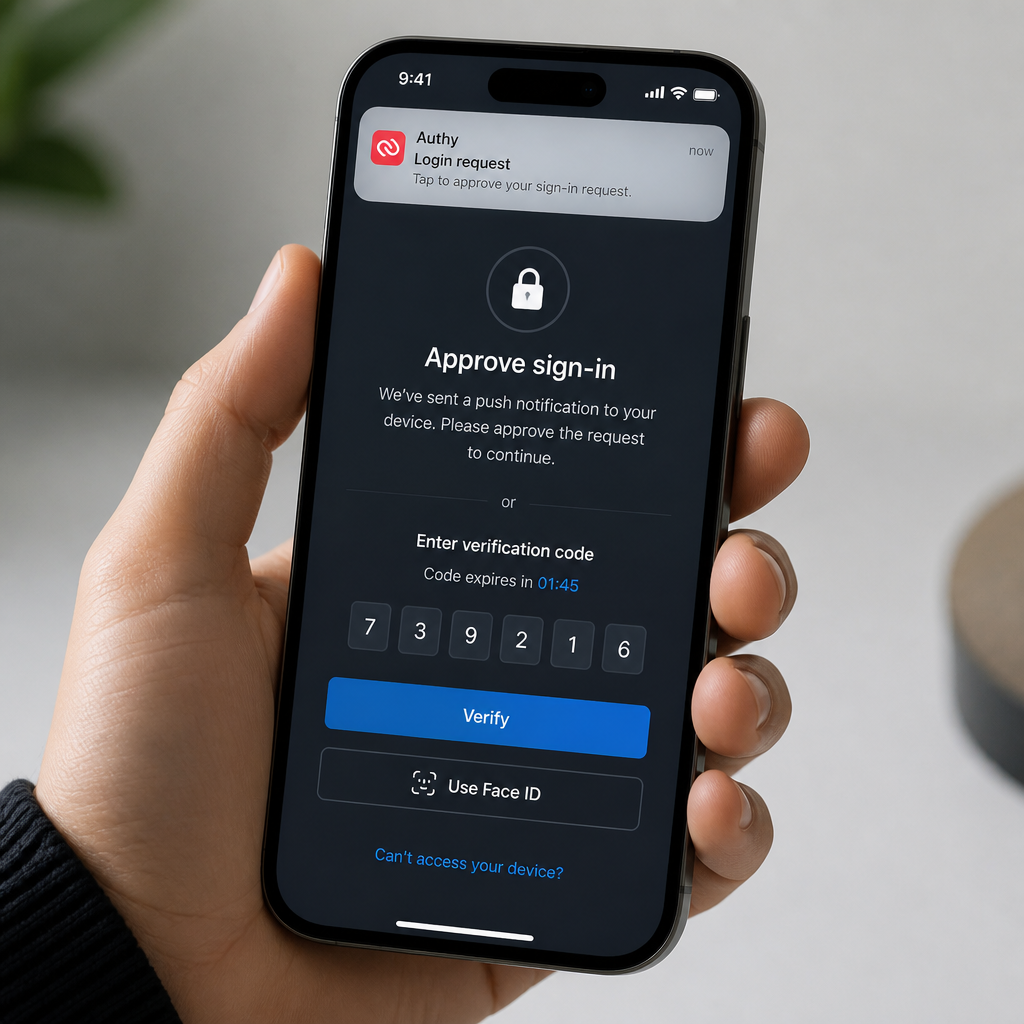 Smartphone displaying multi-factor authentication verification prompt and approval notification