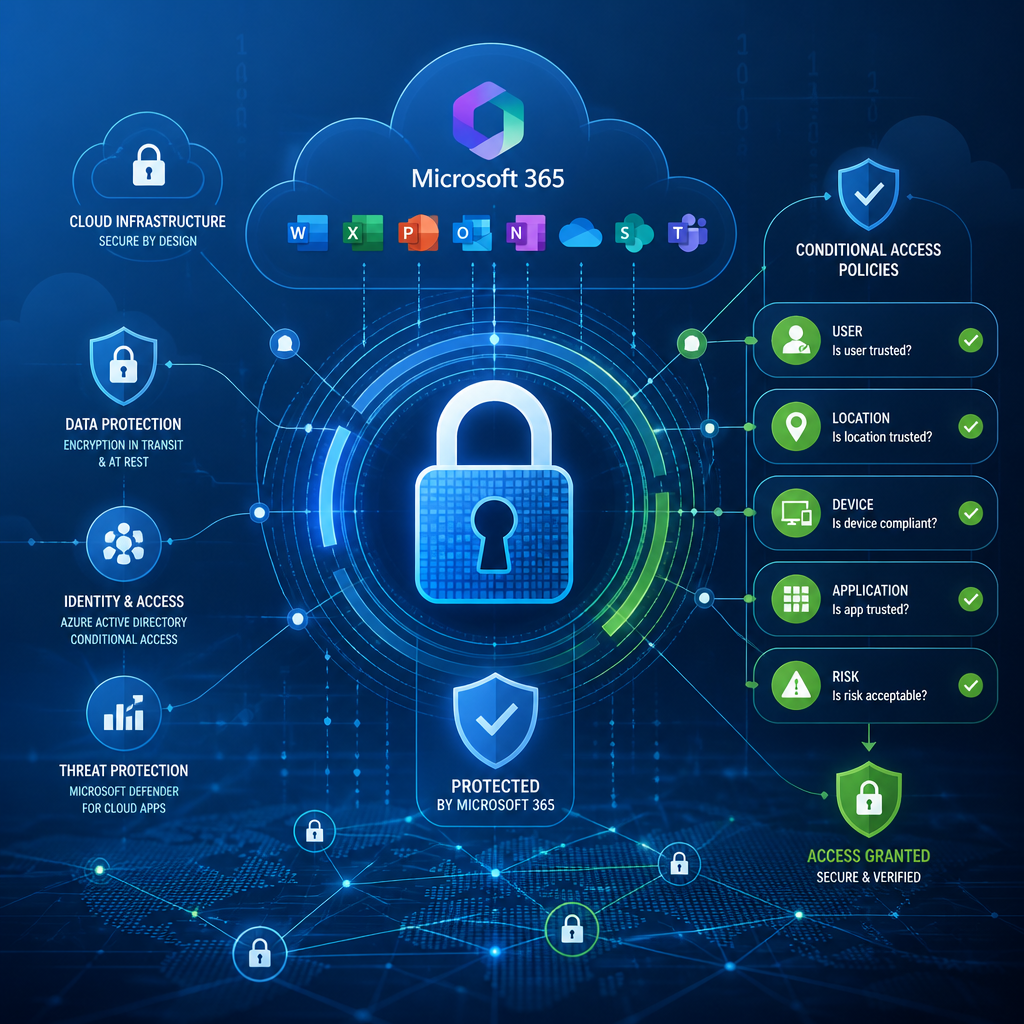 Digital security visualization with lock icon and cloud network nodes representing Microsoft 365 infrastructure protection