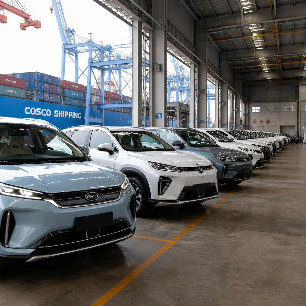 New vehicles from China arranged in port facility warehouse ready for international export