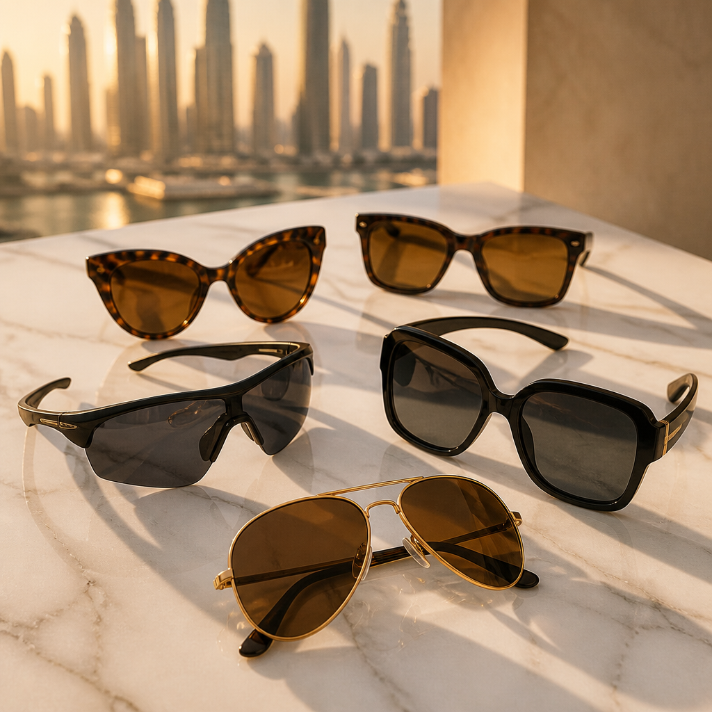 Premium designer sunglasses collection including Ray-Ban, Prada, Dior, and Porsche Design arranged on marble with golden hour lighting
