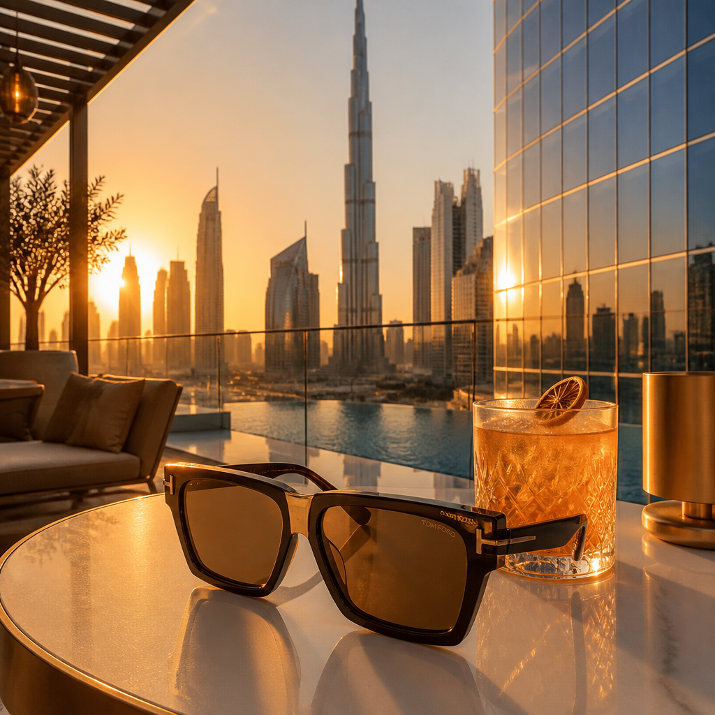 Oversized luxury sunglasses with brown lenses on a rooftop table during Dubai's golden hour with city skyline backdrop