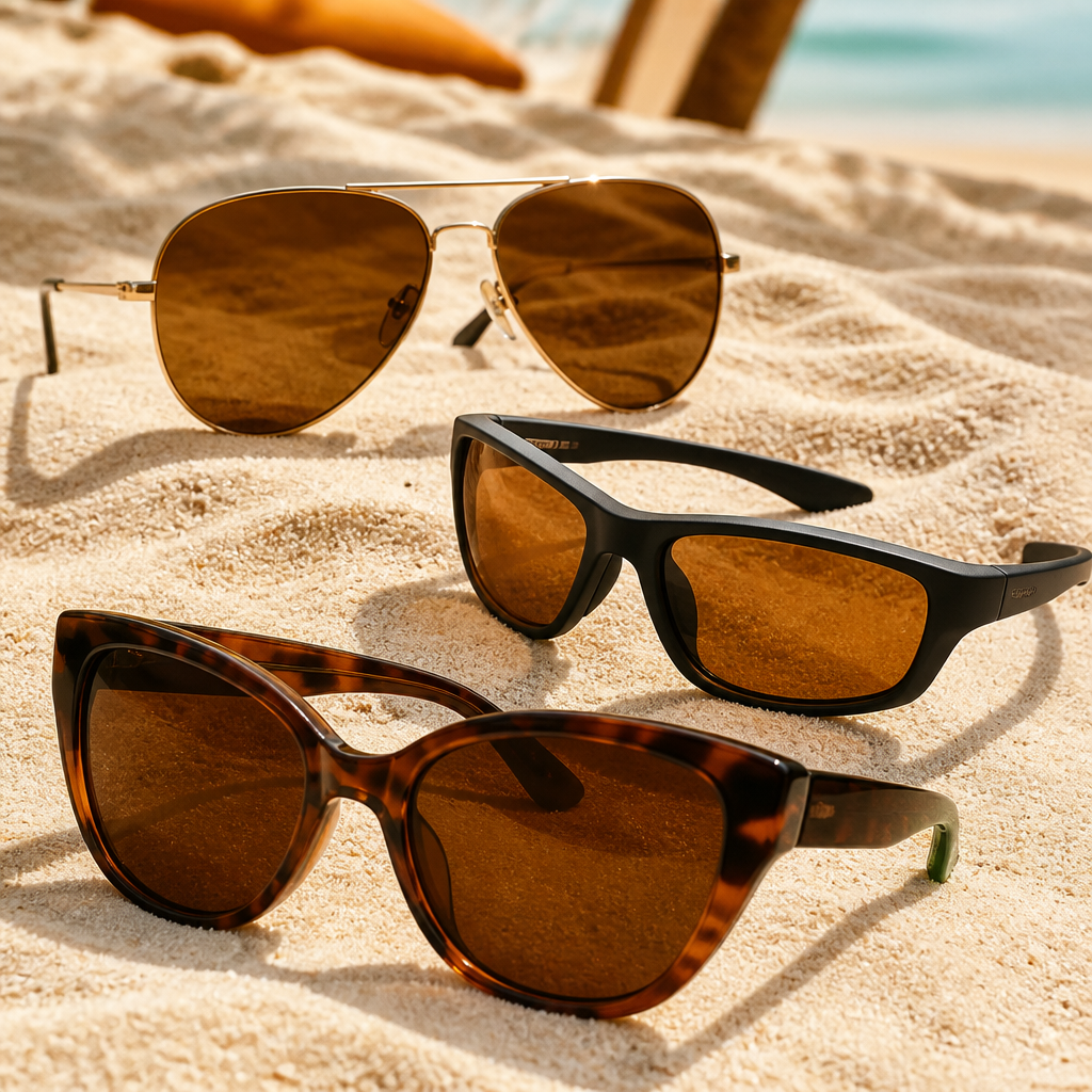 Three designer sunglasses frames displaying aviator, sport, and cat-eye styles against sandy beach texture with warm lighting
