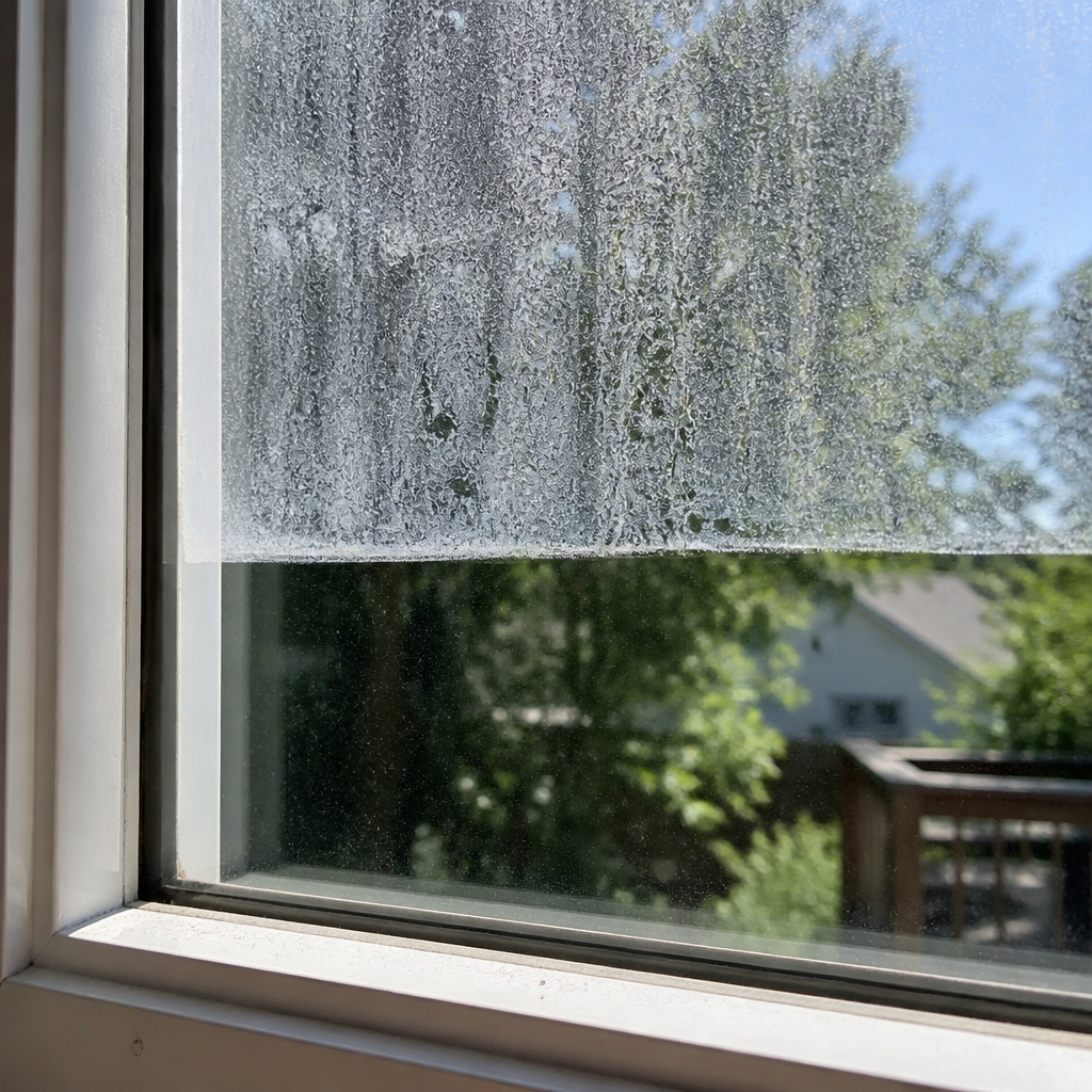 Residential window showing summer residue film and mineral deposits bonded to glass surface