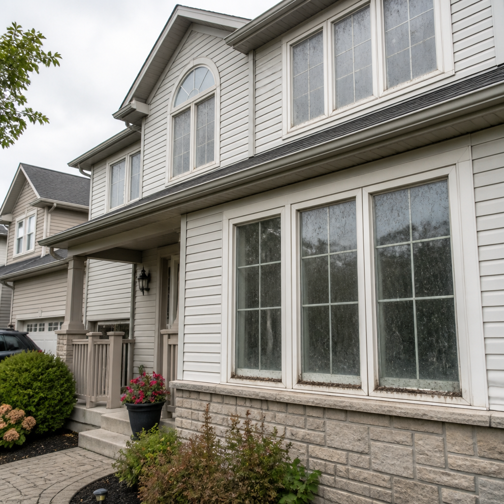 Ontario residential home with multiple dirty windows showing post-summer accumulation and haze