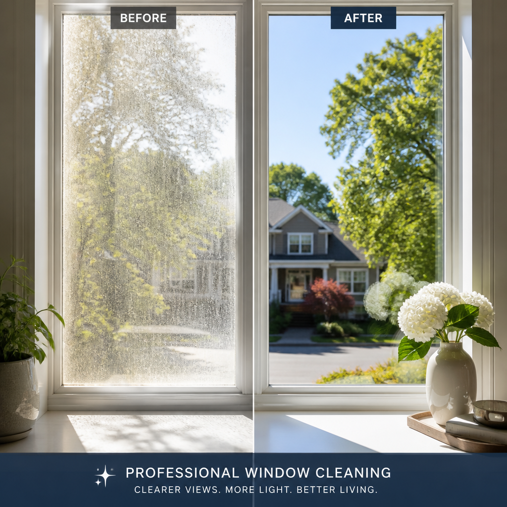 Before-and-after comparison of dirty versus professionally cleaned residential window pane