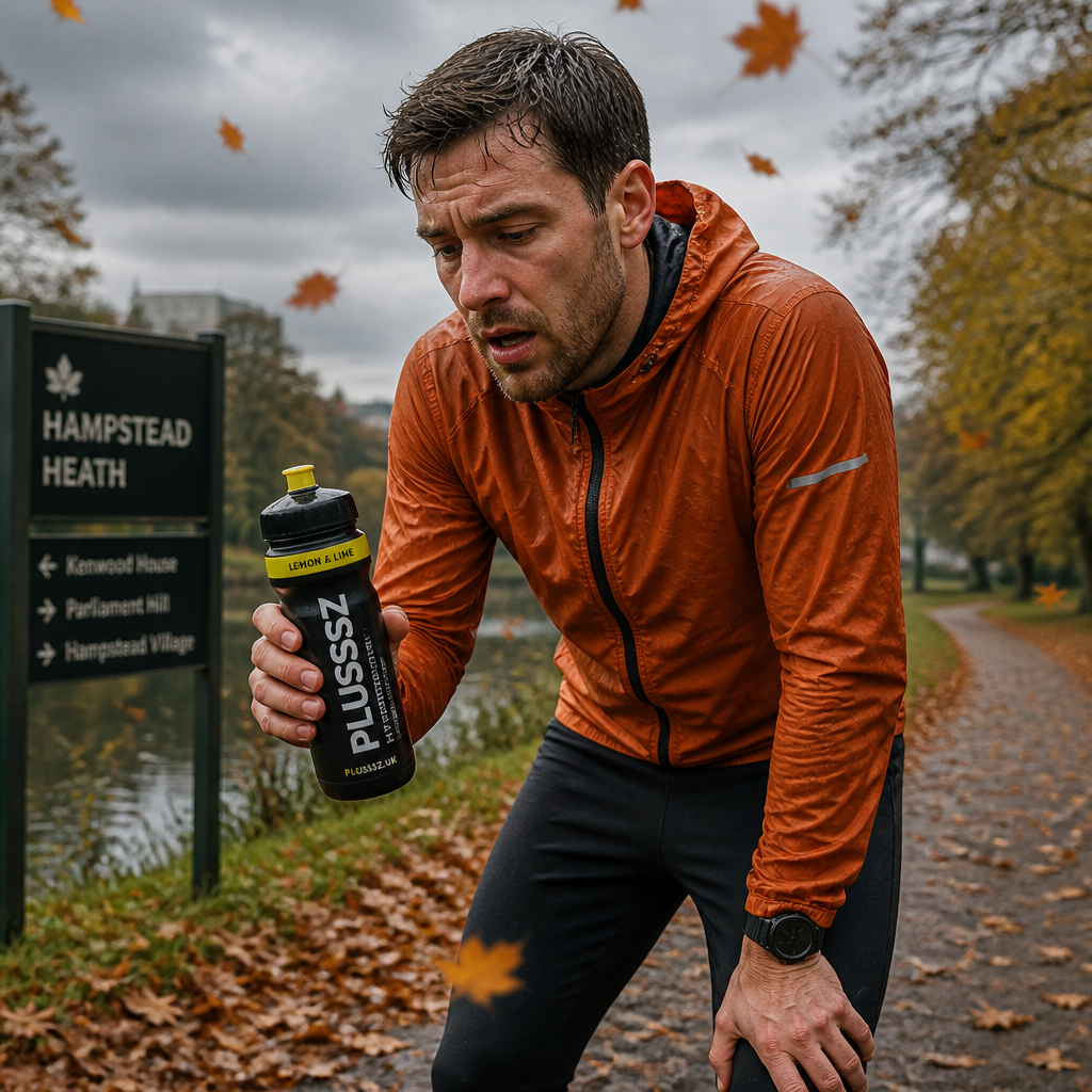 Runner during autumn training holding an electrolyte hydration drink to represent seasonal nutrition adjustments