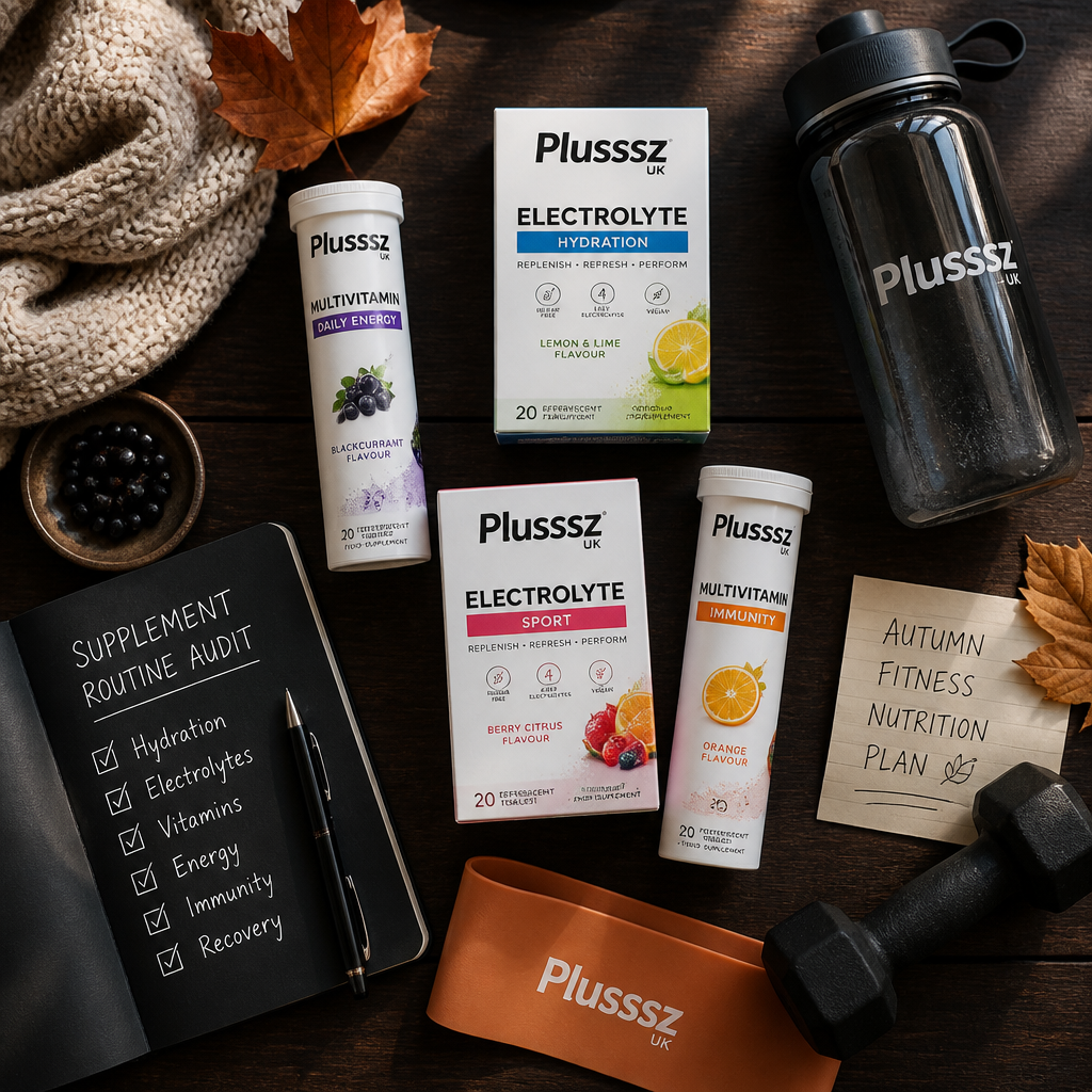 Plusssz UK supplements and fitness accessories displayed for autumn nutrition planning
