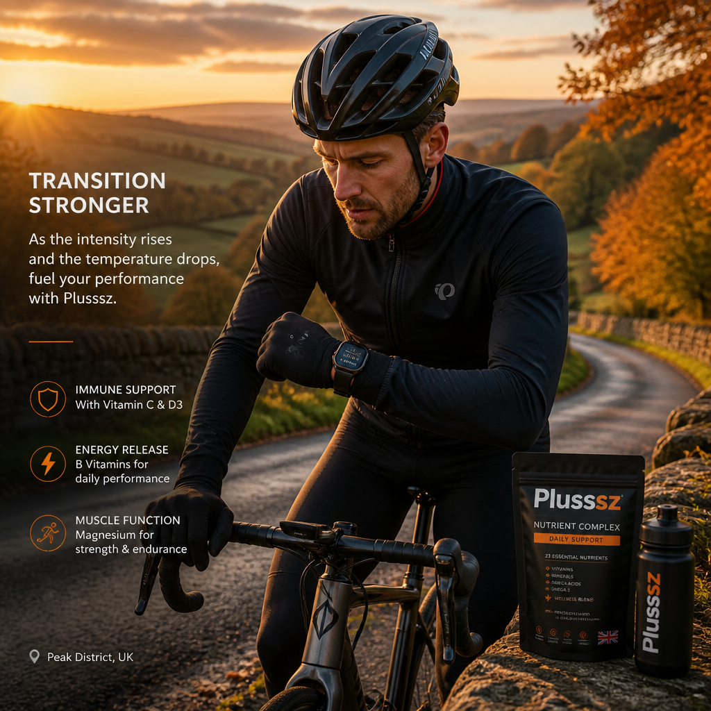 Cyclist in UK autumn landscape adjusting training routine with vitamin and electrolyte support for cooler months