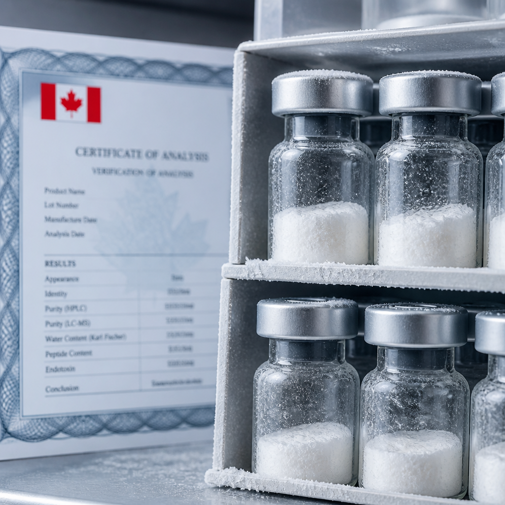 Lyophilized retatrutide peptide compounds in storage vials with quality verification documentation