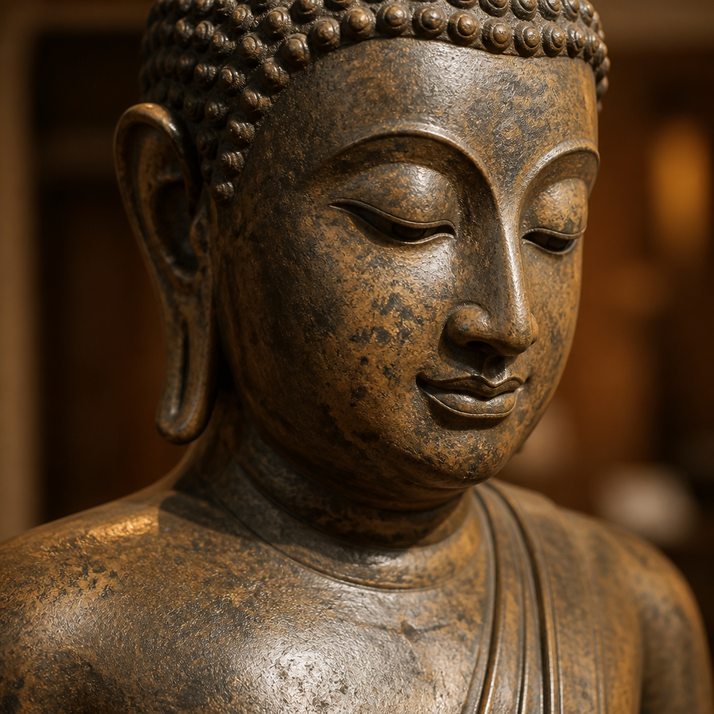 Detailed close-up of an authentic Thai bronze Buddha statue showing patina and surface details