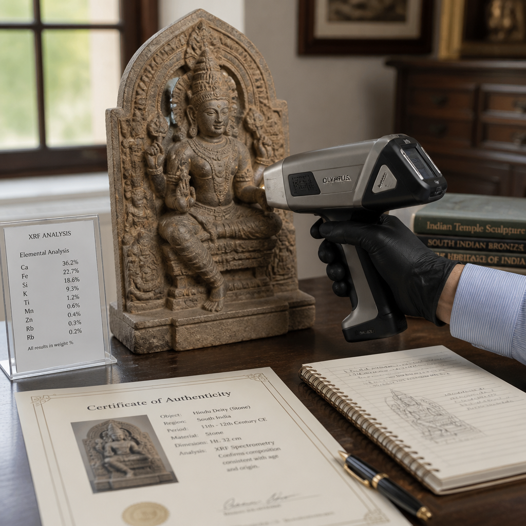 XRF testing device analyzing a Hindu deity sculpture for authentication