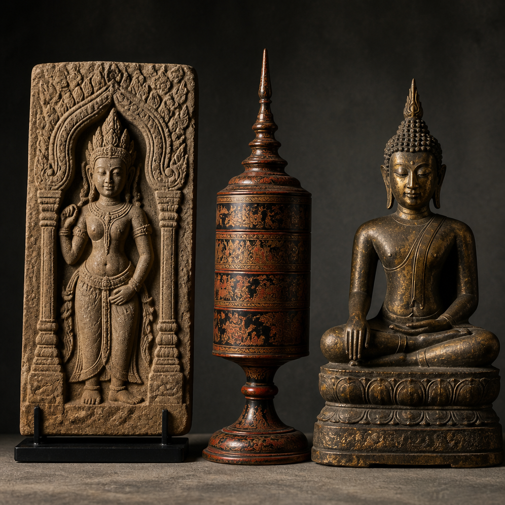 Three authentic Asian religious sculptures displayed together showcasing different materials and styles