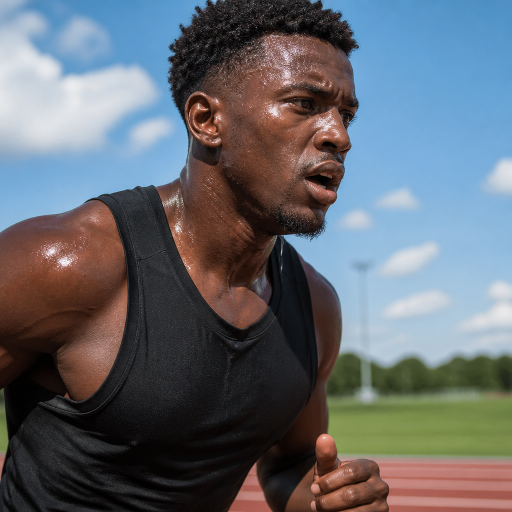 UK athlete during intense training showing sweat and physical exertion
