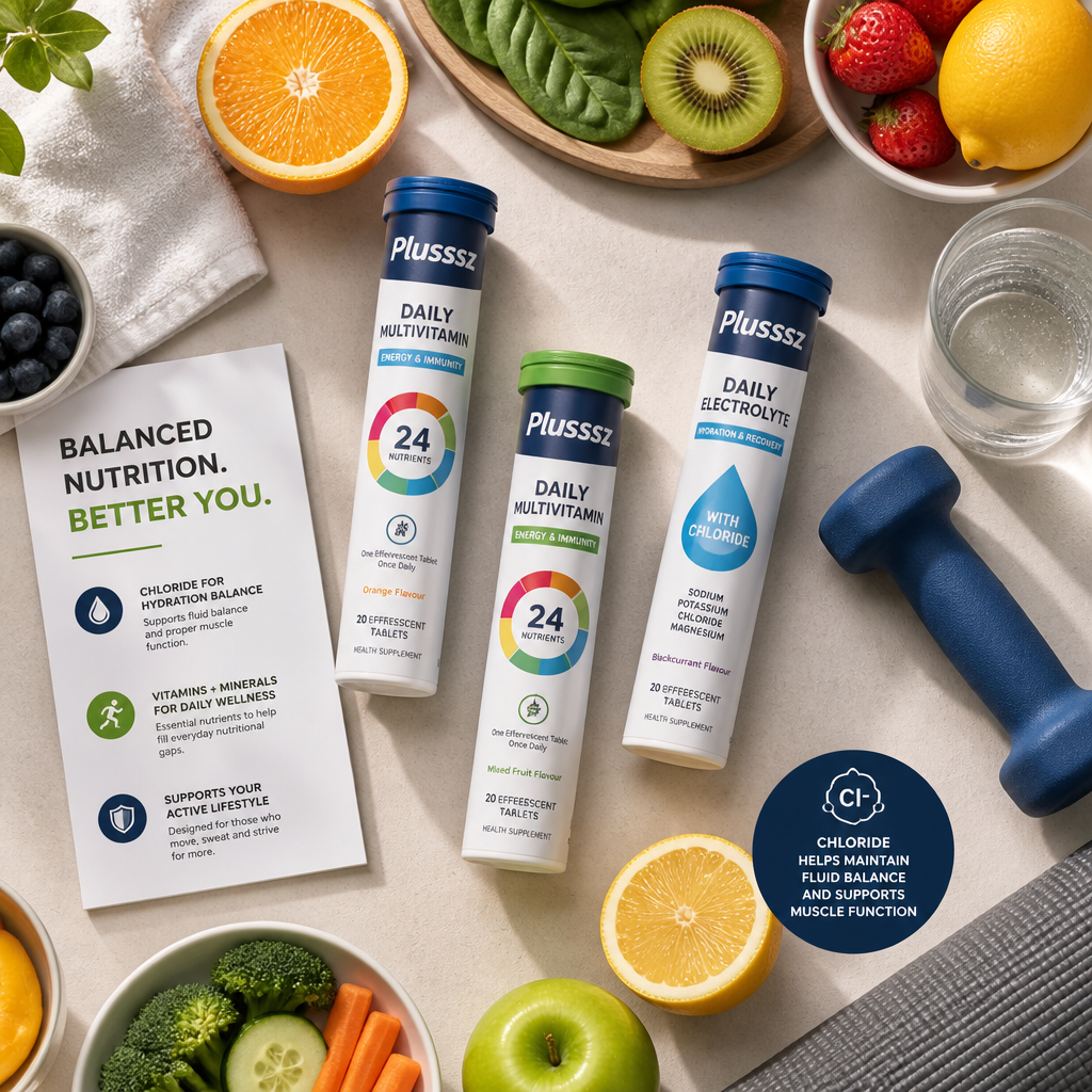Plusssz supplement bottles with fresh produce and fitness gear showing holistic athlete nutrition