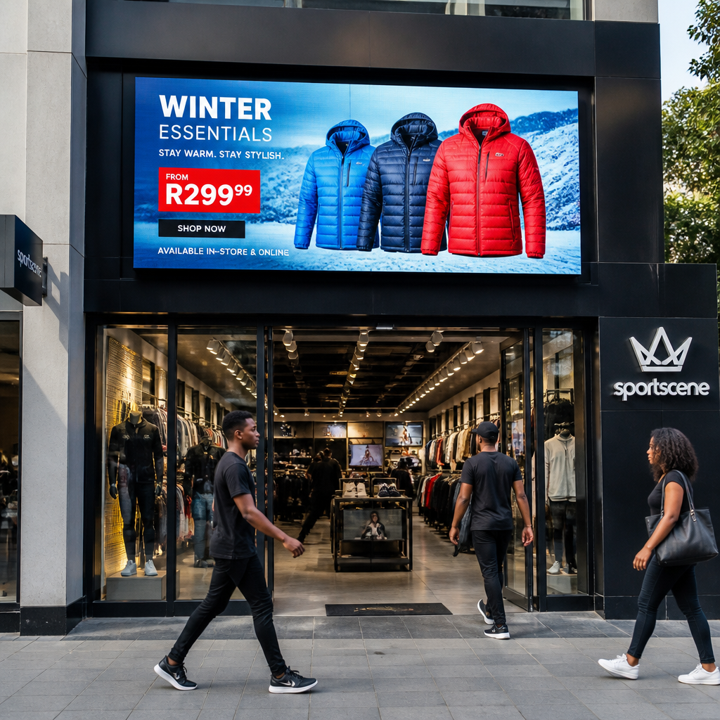 Retail storefront with digital signage display showing dynamic product promotions in urban South African setting