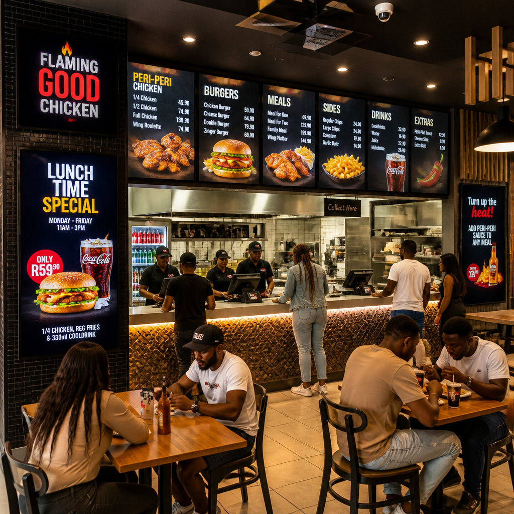 Restaurant interior with integrated LED menu boards and digital displays for dynamic promotional content