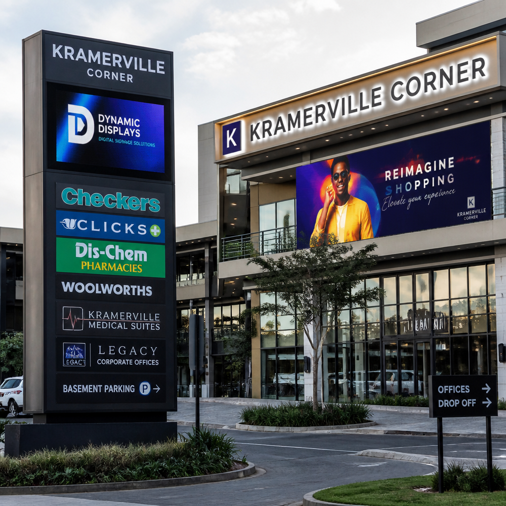 Commercial building exterior with professional digital signage systems including LED pylon signs and backlit channel lettering in modern Gauteng setting