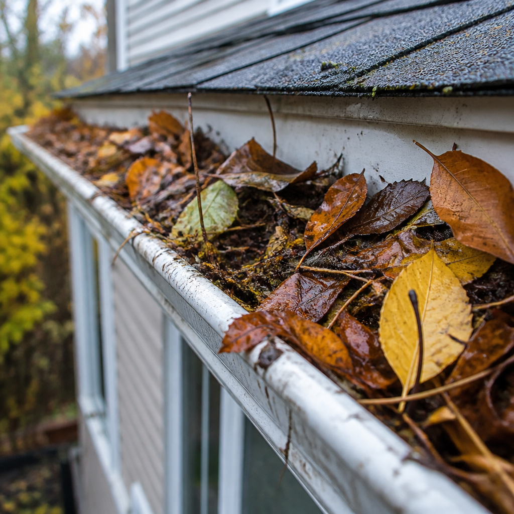Clogged eavestrough filled with fall leaves and debris on a St. Catharines residential home
