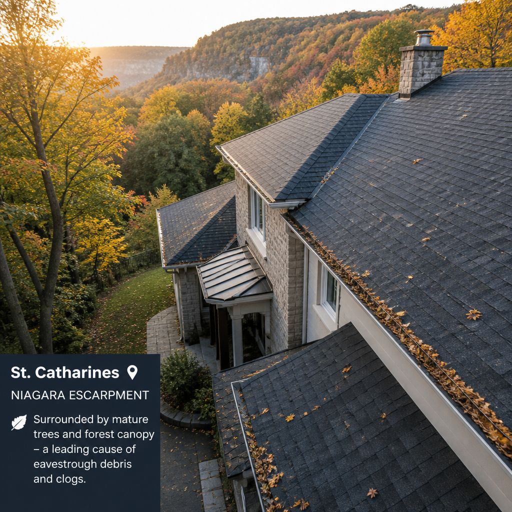 Aerial view of a residential roof and eavestrough system surrounded by dense forest near St. Catharines