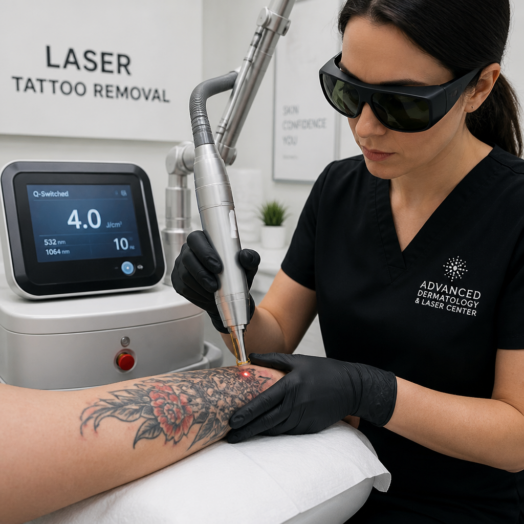 Laser technician performing tattoo removal treatment with advanced laser equipment on a client's arm in a professional clinic setting