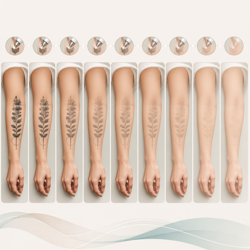 Visual timeline showing gradual fading and removal of a tattoo design across multiple laser treatment sessions