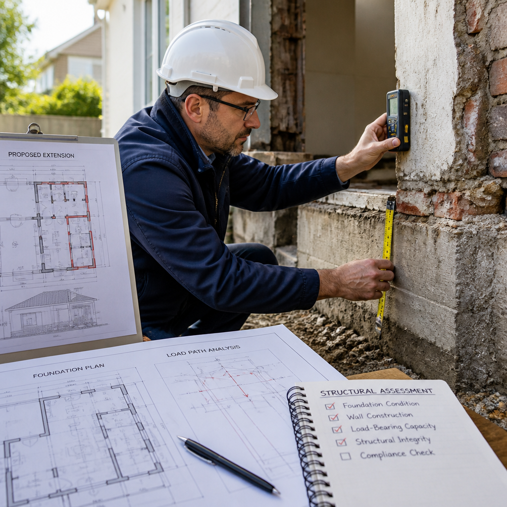 Expert en structure évaluant la capacité portante d'une fondation de maison avant extension