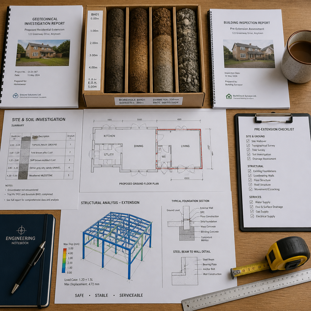 Documentation technique d'études géotechniques et structurelles pour extension de maison