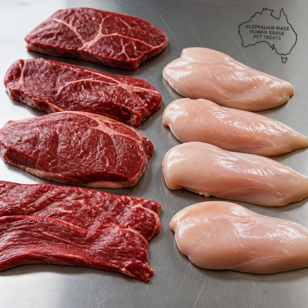 Raw premium beef and chicken cuts on stainless steel work surface for pet treat production