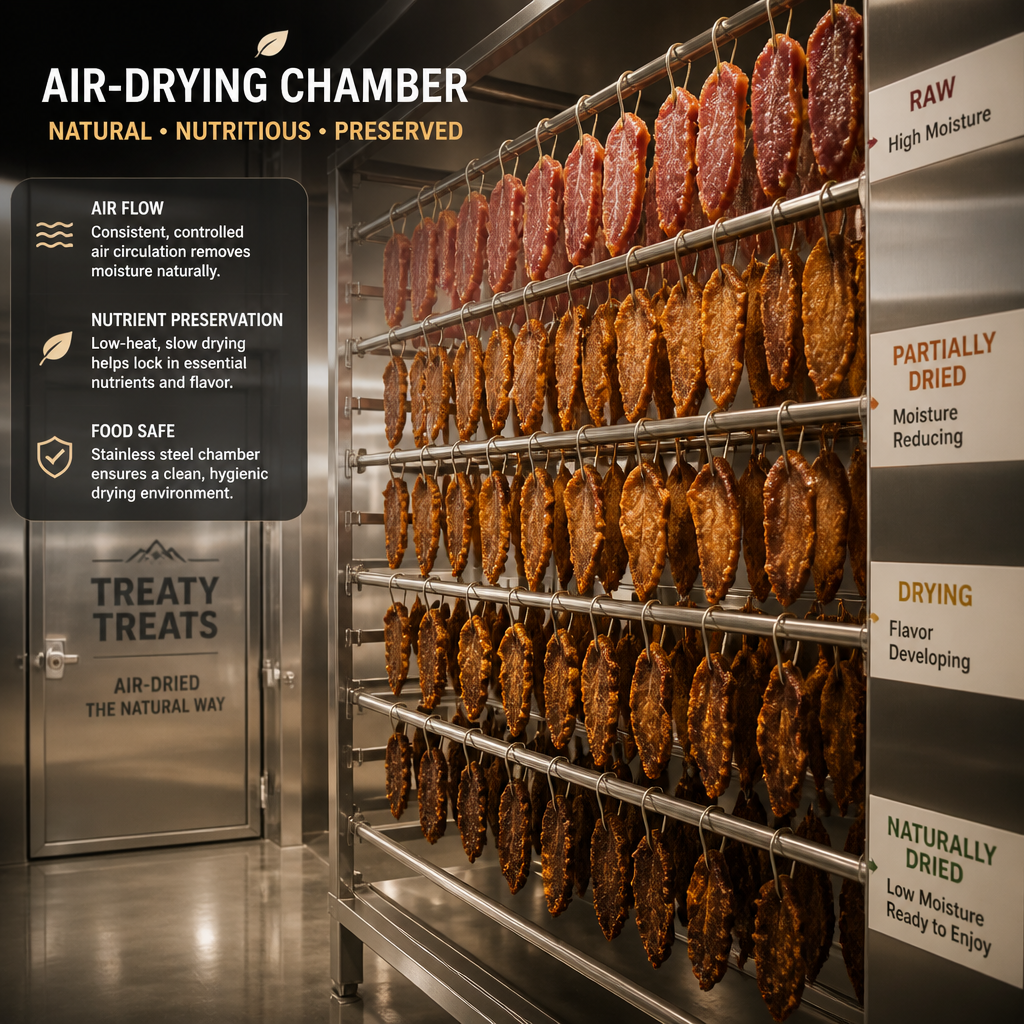 Air-drying chamber showing meat chips at various stages of the dehydration process