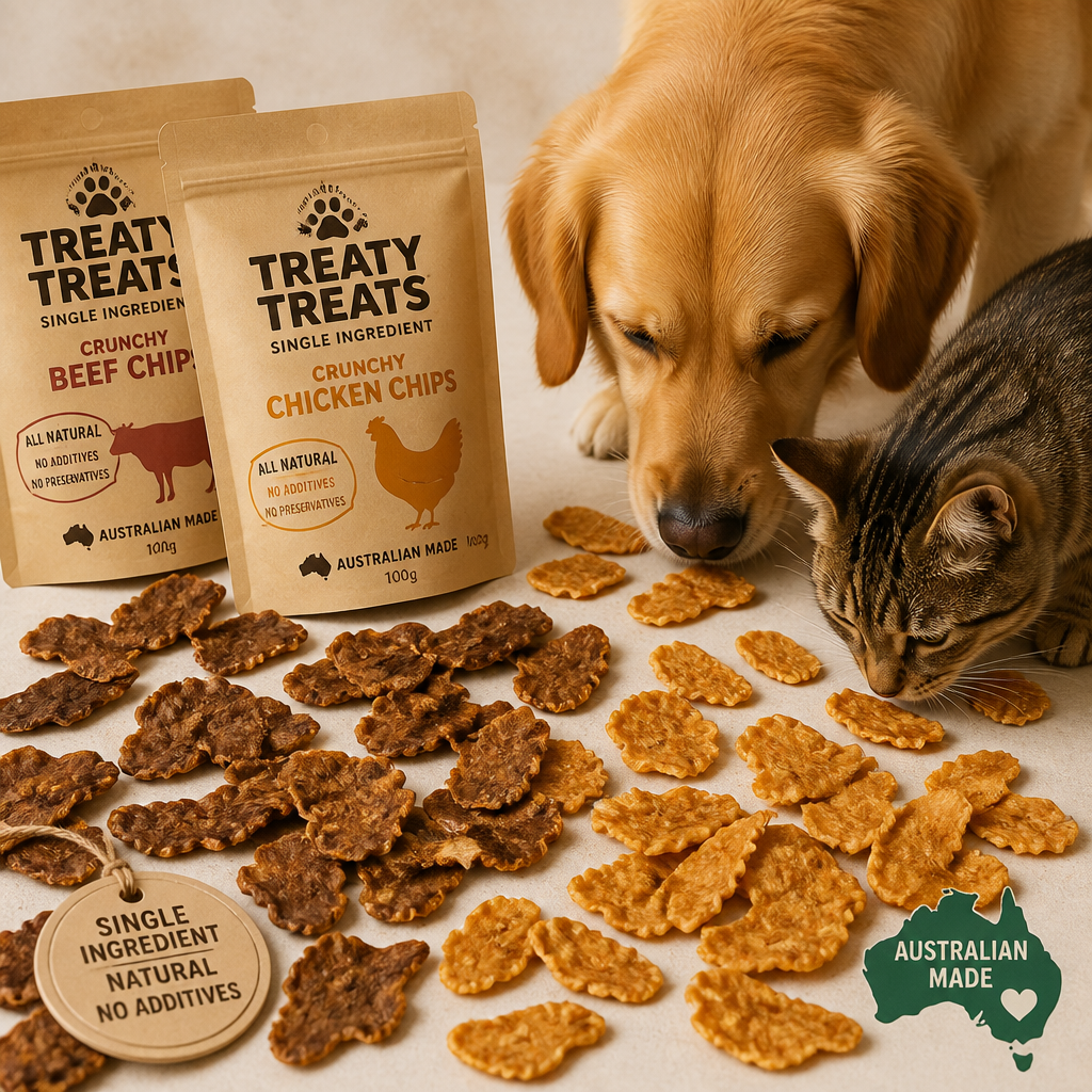 Finished golden-brown meat chips with dog and cat enjoying Treaty Treats