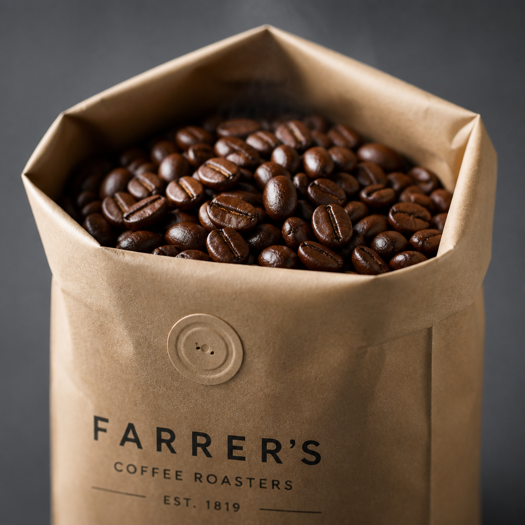 Hand-packed bag of freshly roasted coffee beans with degassing valve, highlighting peak freshness