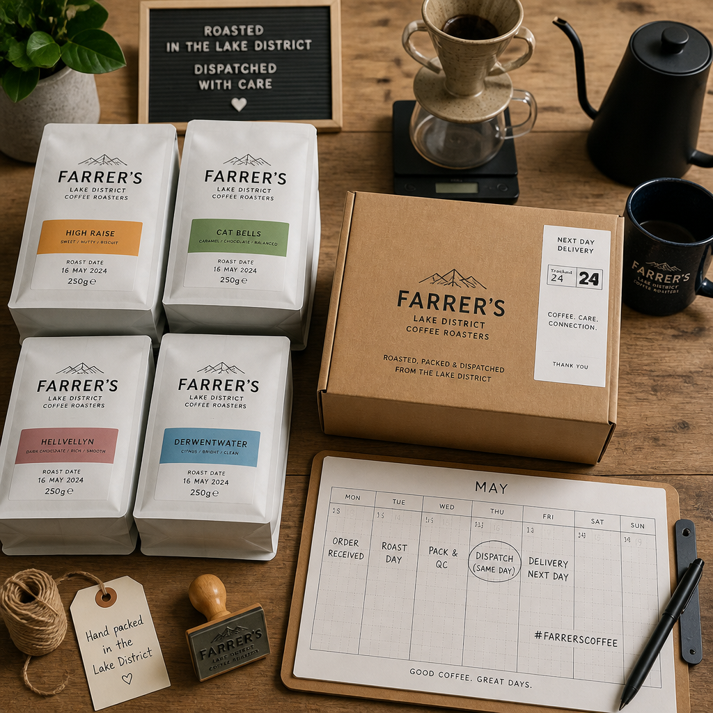 Next-day dispatch preparation showing hand-packed coffee bags, shipping box, and roaster timeline
