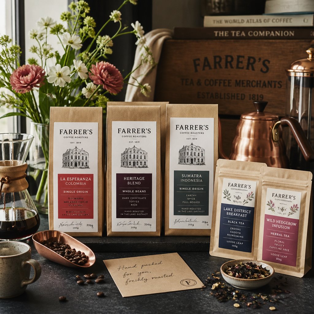 Premium Farrer's coffee and tea products with brewing equipment arranged in editorial lifestyle styling