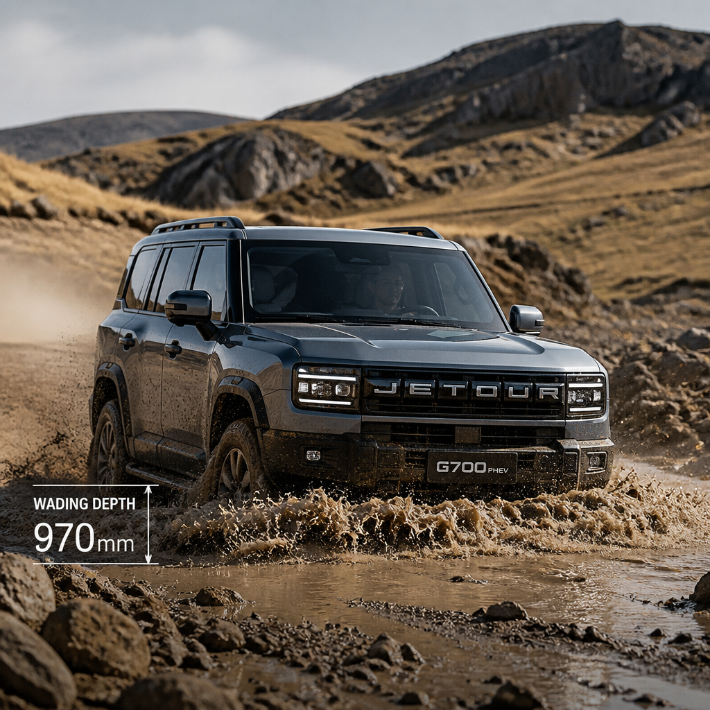 Jetour G700 SUV traversing challenging off-road terrain and muddy conditions