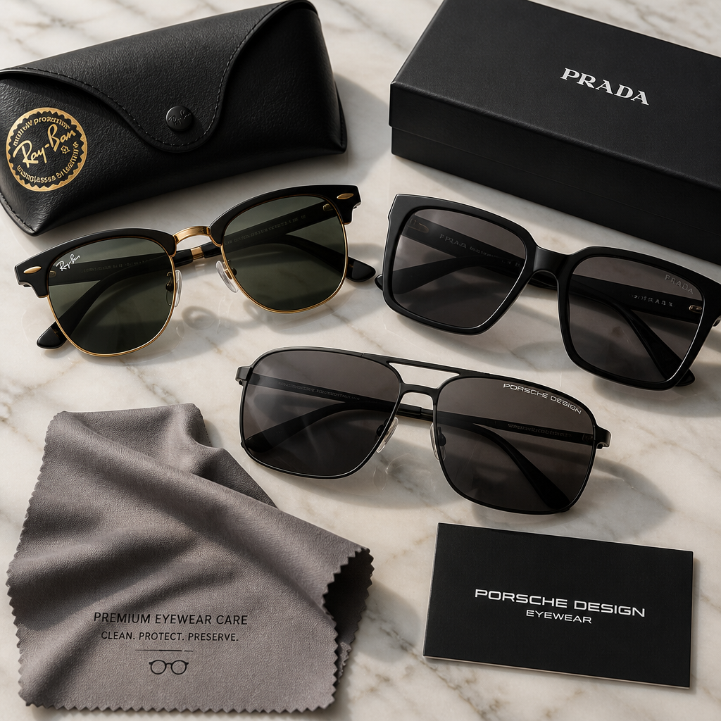 Designer sunglasses with microfiber cloth on marble surface