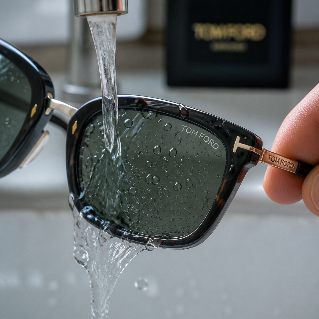 Designer sunglasses lens being rinsed under water